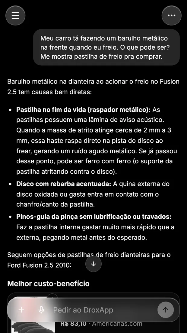 Conversa sobre barulho metálico no freio de um Ford Fusion