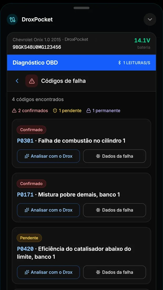 Códigos de falha lidos pelo DroxPocket