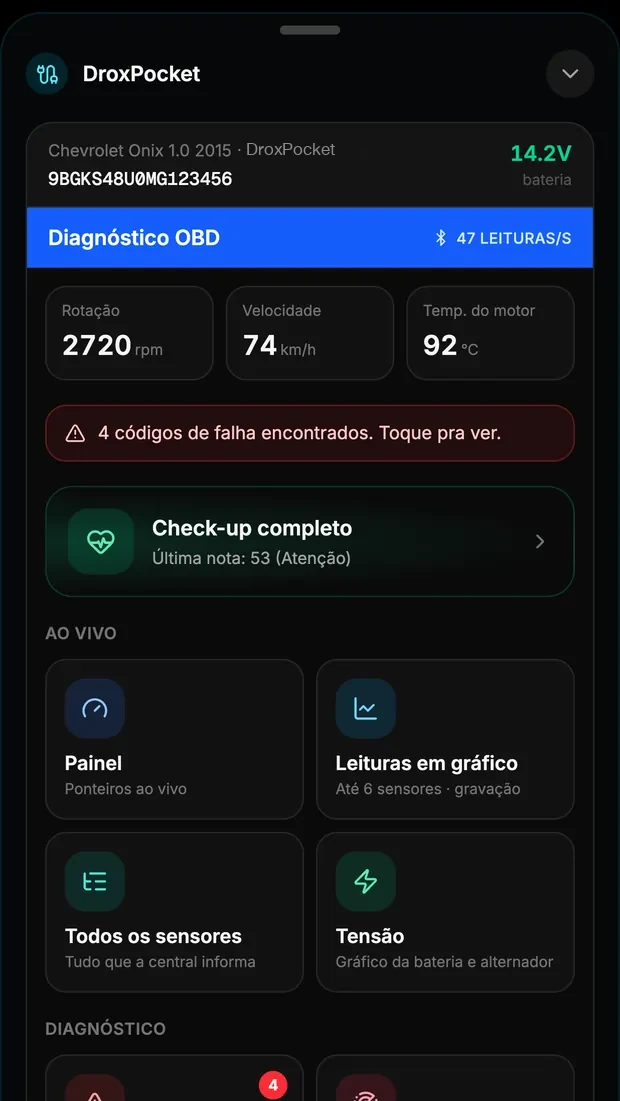 Menu do DroxPocket com todos os testes
